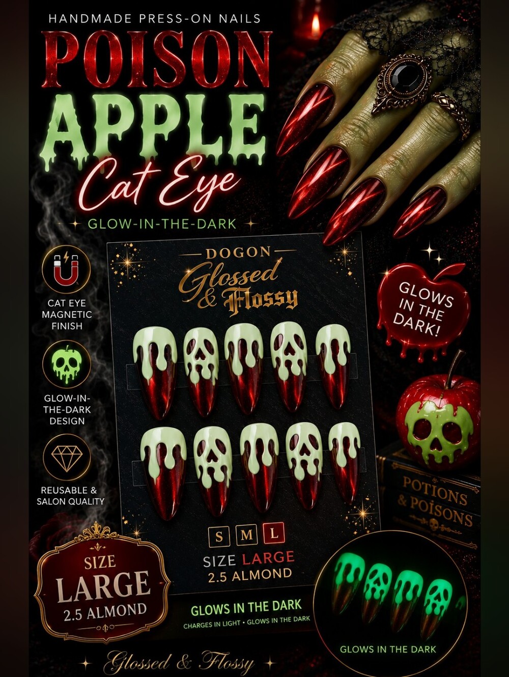 🍎 Poison Apple Cat Eye Press-On Nails | Glow-in-the-Dark | Large 2.5 Almond
